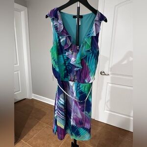Ruffled V-Neck Midi Dress in Teal, Purple & Blue